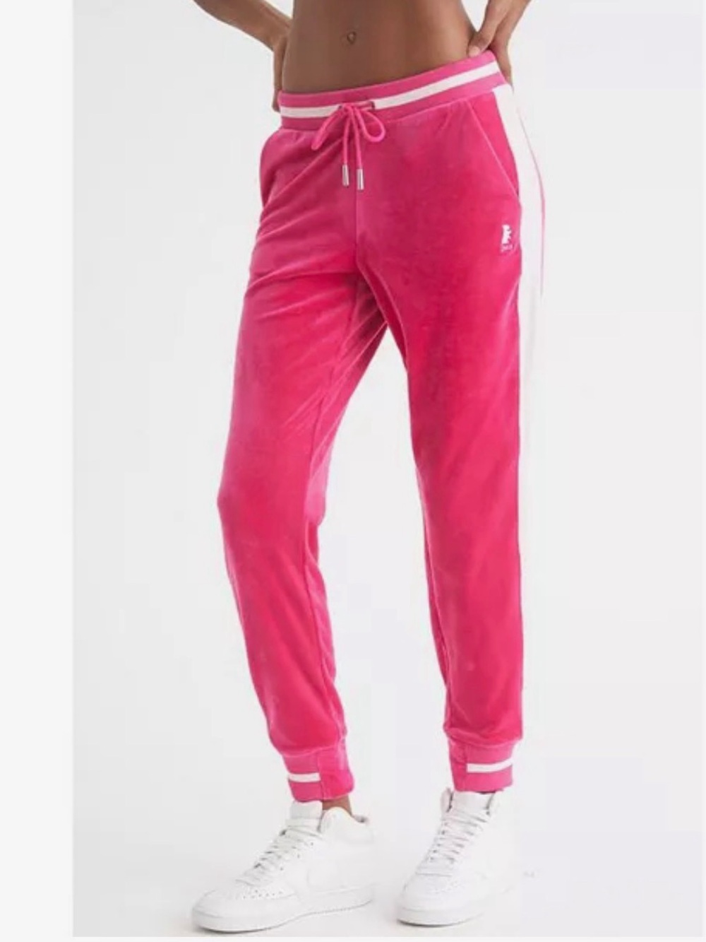 Juicy Couture Pink Velour Joggers White Side Stripe Track Pants Womens L